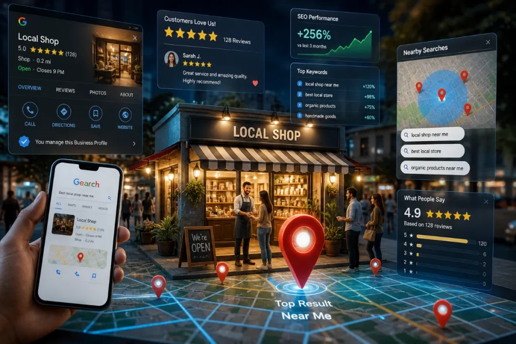 Local SEO concept showing a small business highlighted on Google Maps with search results, reviews, and nearby customers