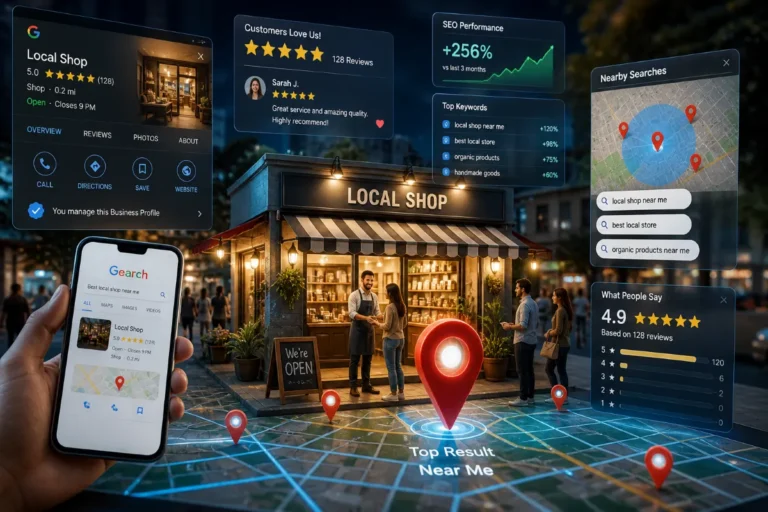 Local SEO concept showing a small business highlighted on Google Maps with search results, reviews, and nearby customers